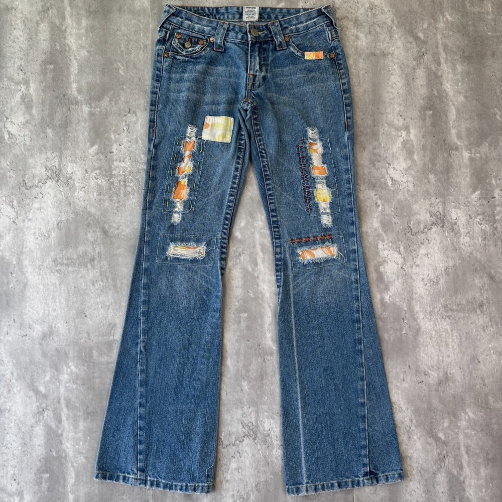 Vintage True Religion Joey Woodstock Jeans Women 27 Blue Patchwork Flare Y2K USA